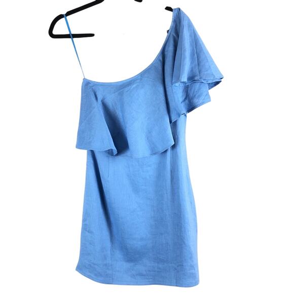 Capulet REVOLVE Blue Clara One Shoulder Ruffle Lightweight Zip Linen Mini Dress - Picture 3 of 9